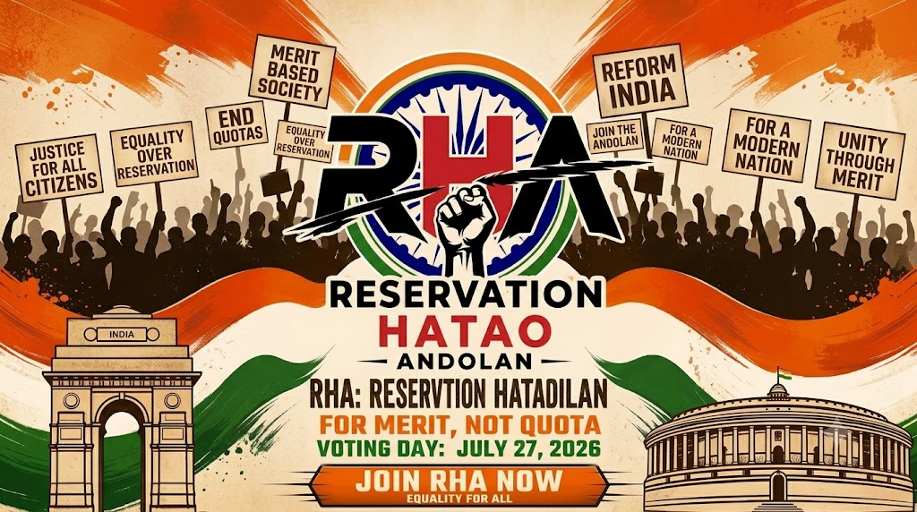 RHA Voting Day poster — Reservation Hatao Andolan, 27 July 2026, Join RHA Now